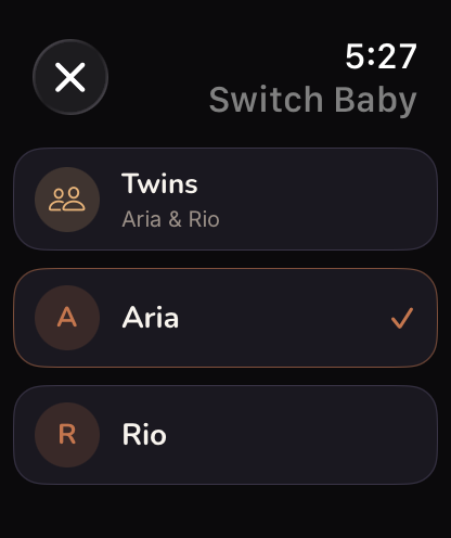 Baby picker showing "Twins · Aria & Rio" group row plus individual babies