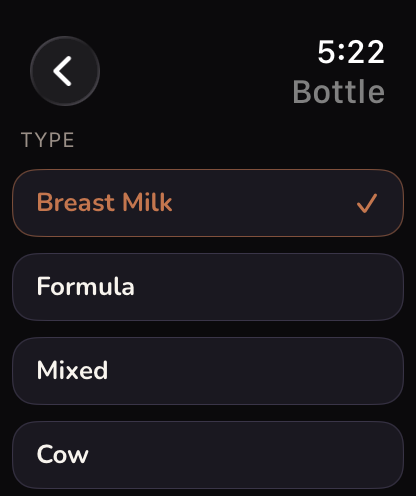 Watch bottle entry with milk type list
